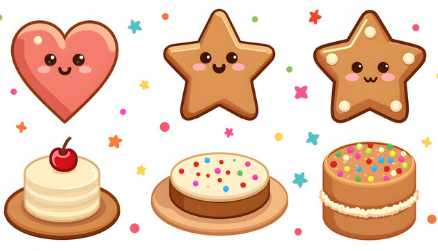 Cute cartoon heart, star, and cake illustrations with colorful sprinkles