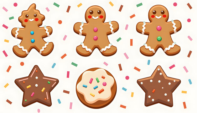 Festive gingerbread cookies with colorful sprinkles on a white background - Powered by Adobe