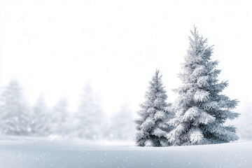 Snow-covered pine trees stand in a quiet white landscape with soft snowfall, creating a calm and clean winter scene perfect for seasonal designs and backgrounds.