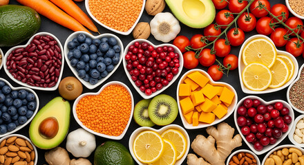 Heart shaped bowls overflowing with fresh fruits vegetables and nuts