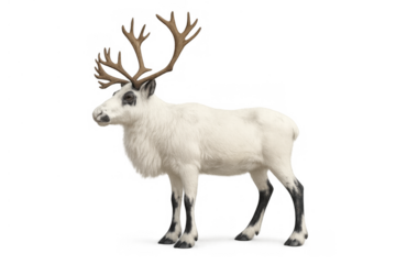White reindeer standing side view with large antlers on transparent background, a symbol of winter and christmas