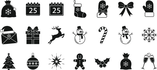 Christmas holiday icon bundle with gifts, snowflakes, stockings, snowmen, reindeer, ornaments, bows, calendar date, festive seasonal black silhouettes