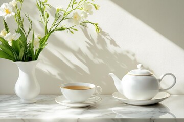 A serene tea scene with a white teapot and cup beside a delicate vase of flowers, showcasing tranquility and simplicity.