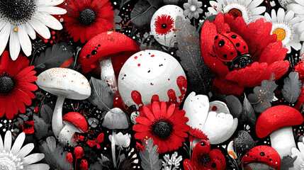 Red Mushrooms Ladybugs Flowers Dark Floral Seamless Pattern Gothic Botanical