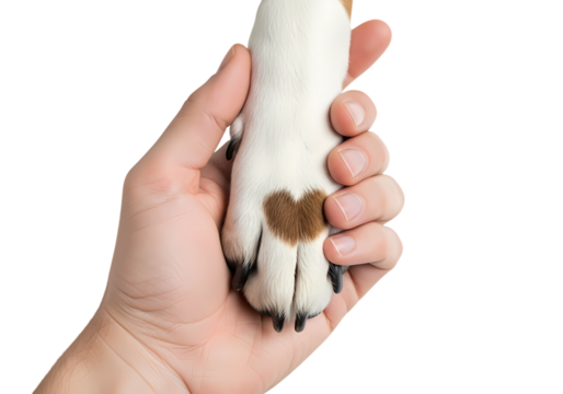 Dog paw rests lovingly in a supportive human hand