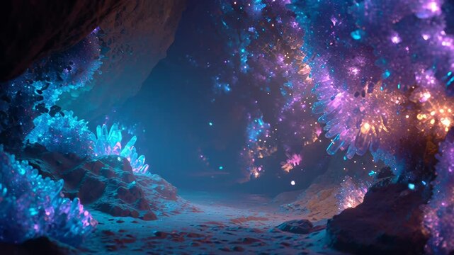 Mystical cave with glowing crystals and ethereal light, creating a magical atmosphere.