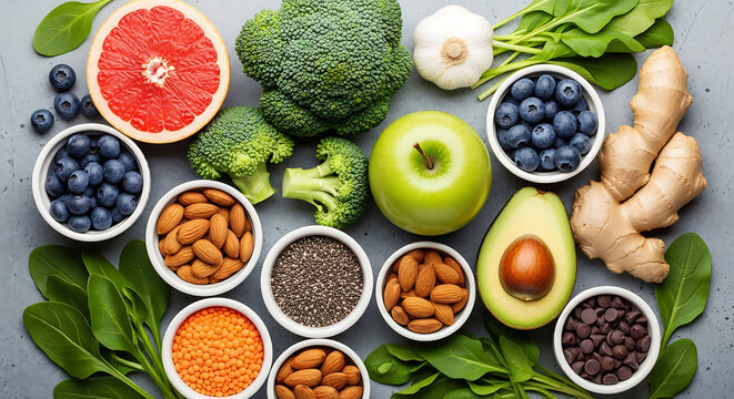 A colorful assortment of fresh fruits vegetables nuts and seeds