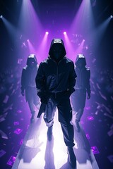 Fototapeta premium Mysterious figure in dark futuristic outfit walks down a glowing purple runway with two blurred figures following under dramatic spotlight beams, suggesting a fashion show or performance