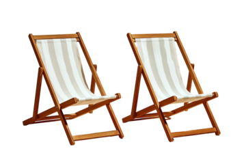 Two folding wooden chairs with white and beige striped canvas, side by side