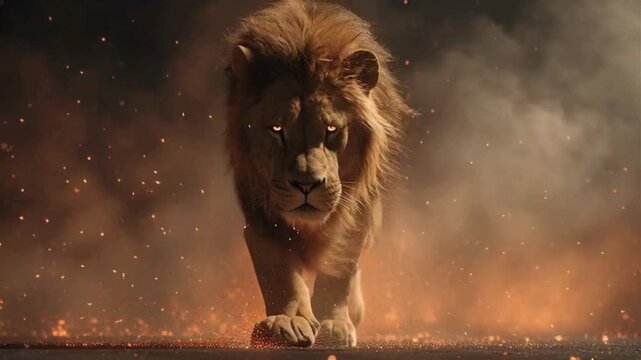 Majestic Lion Roaring with Fiery Aura and Glowing Eyes in a Dramatic Setting