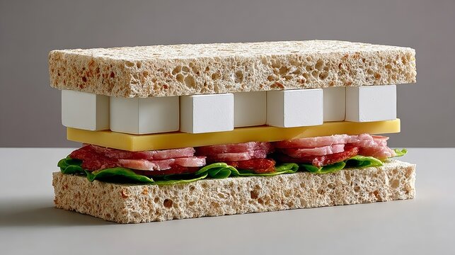 Unique sandwich creation featuring layers of lettuce, ham, cheese, and white blocks, showcasing an artistic food presentation with a modern aesthetic and intriguing textures, perfect for culinary insp