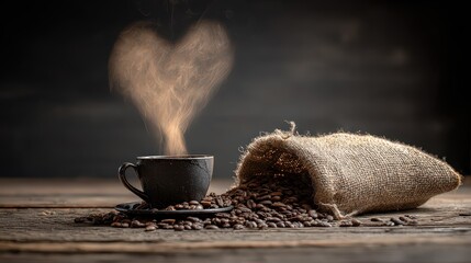 Artistic Coffee Cup With Steam Forming Heart Shape on Wooden Surface