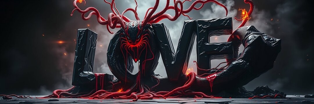 Dark, ominous 3d rendering of the word love formed by black, textured material with menacing red tendrils and glowing eyes, set against a smoky, dramatic background - Powered by Adobe