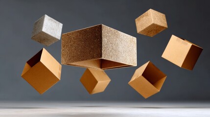 Floating cardboard boxes in various shapes and textures, showcasing a creative arrangement against a soft gray background, emphasizing design and innovation in packaging solutions