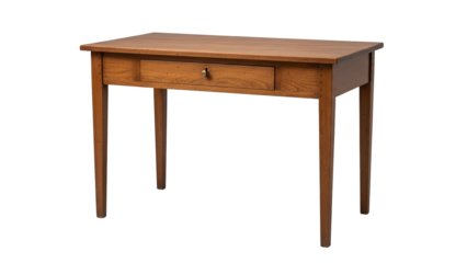 A rectangular, wooden table with a single drawer, set against a black background