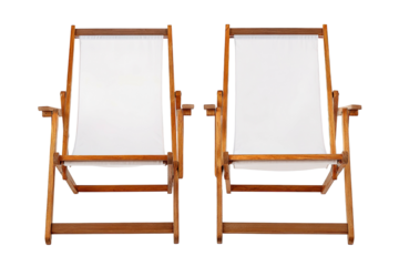 Two folding wooden chairs with white canvas seats, isolated against a transparent background