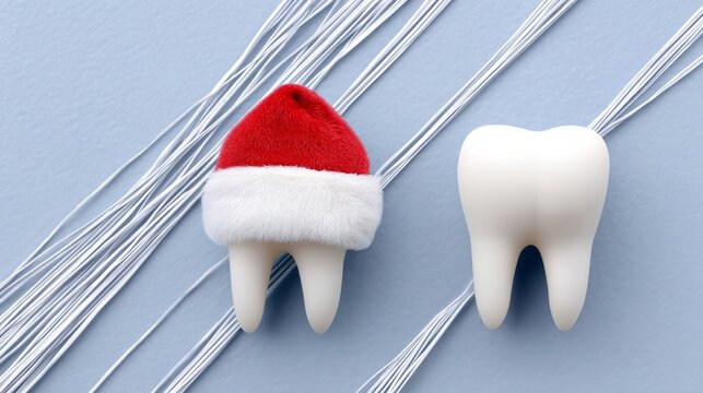 Tooth wearing a festive red Santa hat, placed on a light blue background with white dental floss, creating a playful holiday-themed dental concept for seasonal promotions and marketing