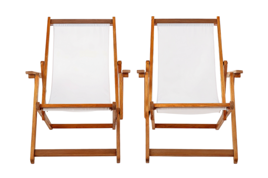 Two folding wooden chairs with white canvas seats, isolated against a transparent background