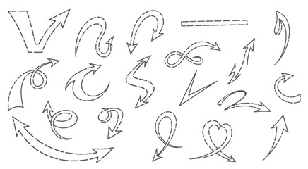 Fototapeta premium Collection of hand drawn arrows with dotted lines on white background