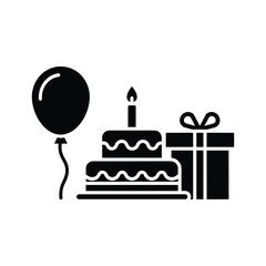 Black silhouette of a birthday cake with a candle a balloon and a gift present