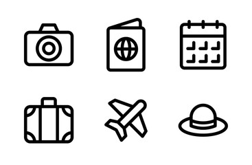 Vibrant travel and vacation icon set featuring modern journey symbols designed for tourism branding, adventure planning visuals, and global destination projects