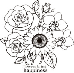 Intricate Floral Bouquet Line Drawing Black and White