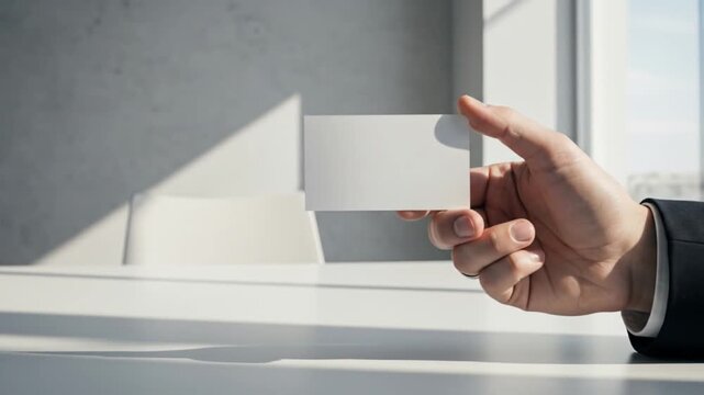 Hand presenting a blank business card near window, ideal corporate identity mock-up design