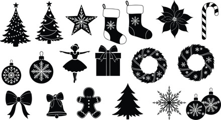 Christmas silhouette icon bundle with trees, stockings, poinsettia, ornaments, wreaths, candy cane, bows, bells, gingerbread, ballerina, festive holiday set
