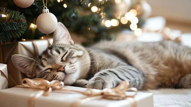 A cozy cat sleeping beside Christmas gifts and decorations.