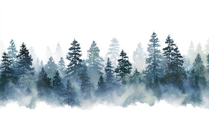 Misty Blue Forest Watercolor Landscape With Pine Trees Silhouettes on a White Background for Print Fabric and Web Design Featuring Gradient Hues