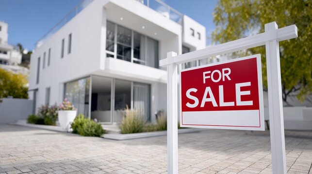 Modern white house with large windows and manicured garden, featuring a prominent red for sale sign, showcasing real estate opportunity in a vibrant neighborhood setting