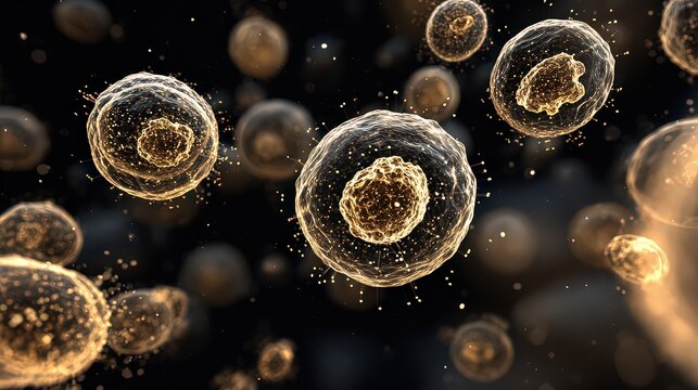 Microscopic Close Up of Biological Cells with Glowing Details in Black Background