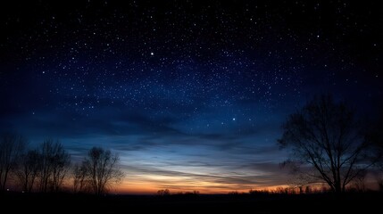 Naklejka premium Night Sky Silhouette of Trees and Landscape Orange and Blue Sunset with Starry Background