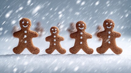 Gingerbread cookies in various sizes arranged in a row, showcasing festive holiday spirit, with a soft snowfall background creating a warm and cheerful atmosphere for seasonal celebrations