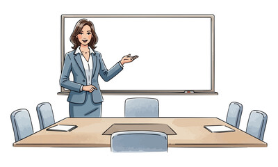 Businesswoman presenting in front of a blank whiteboard in meeting room