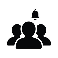 Black silhouette of three people icons with a bell notification symbol group