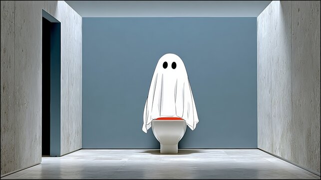 Humorous ghost figure draped in white sheet sitting on toilet in minimalist bathroom, with gray walls and modern design elements, creating a playful and whimsical atmosphere