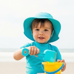 A happy toddler wearing a bright blue sun hat and rash guard plays with a yellow bucket and blue shovel at the beach on a sunny day