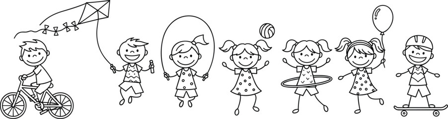Cute kids outdoor activity doodle illustration showing biking, kite flying, skipping rope, ball play and skateboarding in fun line art style