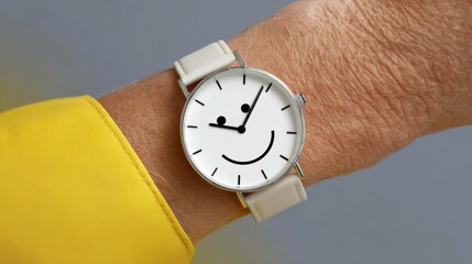 Stylish wristwatch with a playful smiley face design, featuring a minimalist white dial and light-colored strap, showcasing a fun and cheerful accessory for casual wear and everyday use