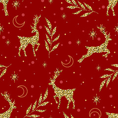 Winter golden pattern. Seamless background with deers, stars, herbs. Celebration design for paper, cover, fabric, interior decor.