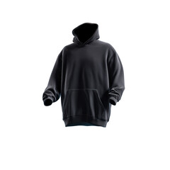 a plain black hoodie with a front pocket floating in mid-air against a clean light blue background, shaped naturally as if being worn by an invisible person. realistic fabric folds