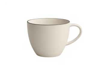 White ceramic mug with a grey rim, a plain cup isolated for hot beverages like coffee or tea over a transparent background