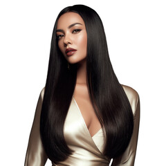 Light dark skin Brazilian beautiful woman with a smiling expression, Smokey eyeshadow with thick full , eyelashes, pink lipgloss, long black 10A Peruvian straight,