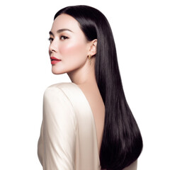 Light dark skin Brazilian beautiful woman with a smiling expression, Smokey eyeshadow with thick full , eyelashes, pink lipgloss, long black 10A Peruvian straight,