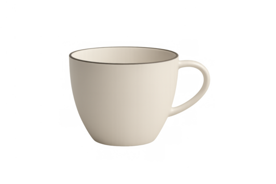 White ceramic mug with a grey rim, a plain cup isolated for hot beverages like coffee or tea over a transparent background