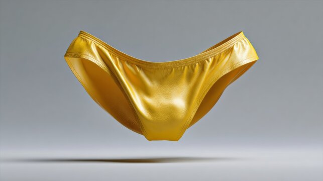 Yellow swimwear brief floating against a soft gray background, showcasing smooth texture and vibrant color, ideal for summer fashion collections and swimwear promotions