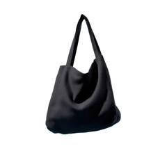 a plain black fabric tote bag floating in mid-air against a clean light blue background, shaped naturally as if being worn over the shoulder by an invisible person.