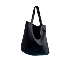a plain black fabric tote bag floating in mid-air against a clean light blue background, shaped naturally as if being worn over the shoulder by an invisible person.