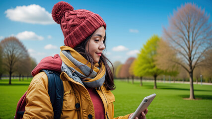 Woman using tablet in park during spring season